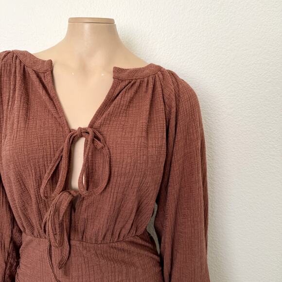 [ASOS] Brown Textured Long Balloon Sleeves Front Tie Ruched Mini Dress Size US 4 - Picture 8 of 12